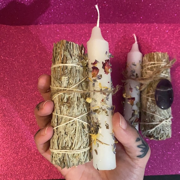 Bundle of sage stick with amethyst stone and anointed flower candle. - Picture 6 of 8